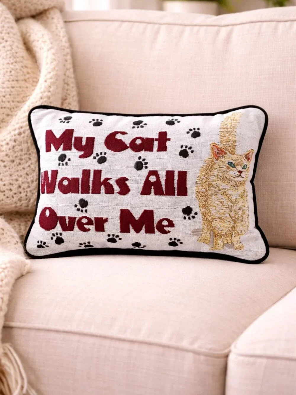 Cat Throw Pillow My Cat Walks All Over Me Funny Cat Lover Decor
